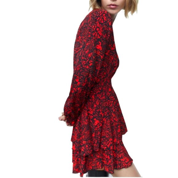 ZARA Dress Mini Short Ruffle Sexy‎ Long Sleeve Black Red Babydoll Whimsygoth S - Picture 15 of 15